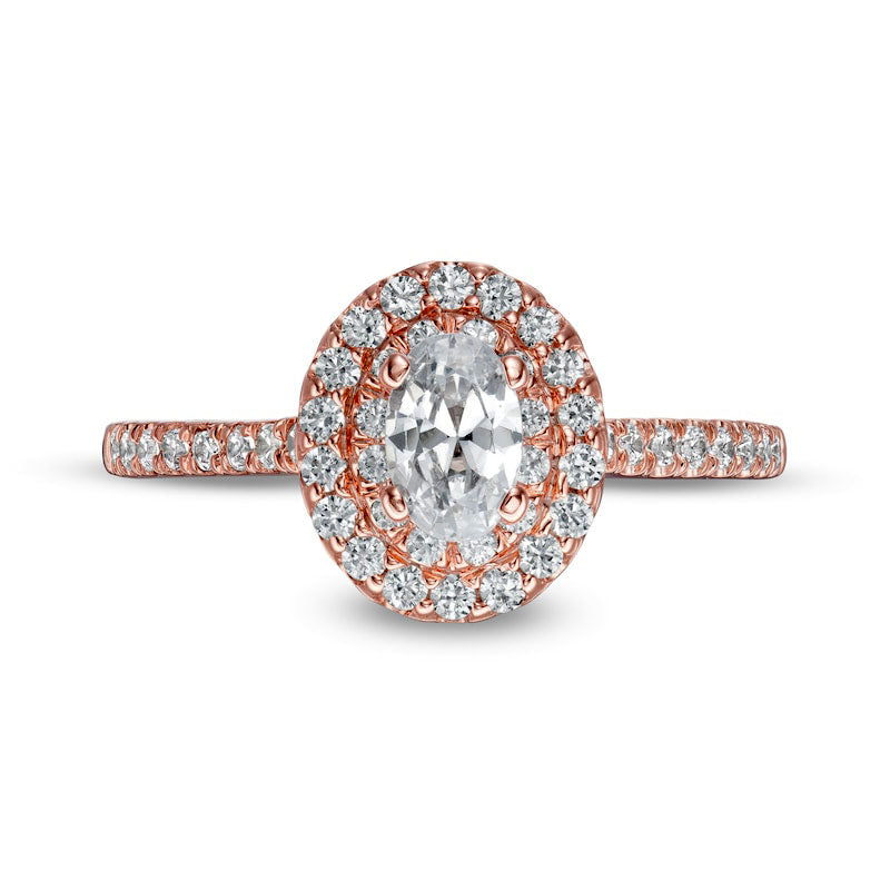 0.88 CT. T.W. Oval Natural Diamond Double Frame Engagement Ring in Solid 10K Rose Gold