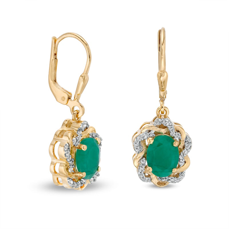 Oval Emerald and White Topaz Twist Frame Drop Earrings in Sterling Silver with 14K Gold Plate