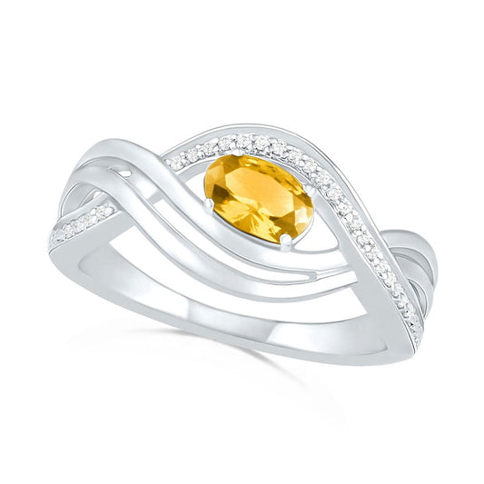 Sideways Oval Citrine and 0.07 CT. T.W. Natural Diamond Multi-Row Bypass Split Shank Ring in Sterling Silver