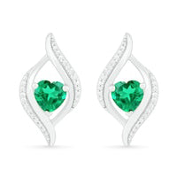 Heart-Shaped Lab-Created Emerald and 0.05 CT. T.W. Diamond Open Flame Stud Earrings in Sterling Silver