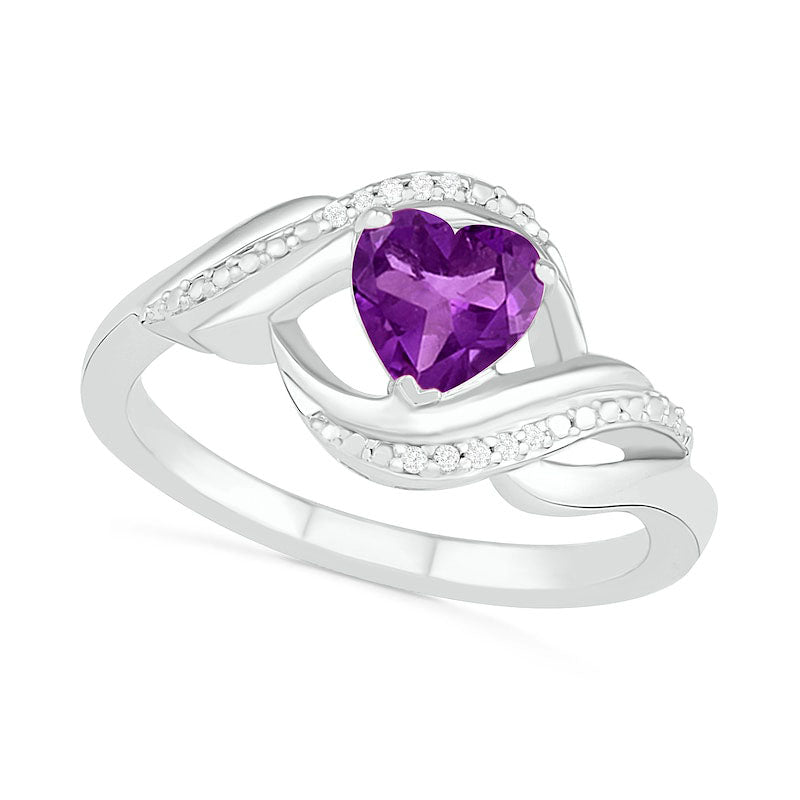 Heart-Shaped Amethyst and Natural Diamond Accent Ribbon Ring in Sterling Silver