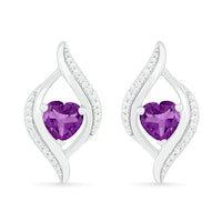 Heart-Shaped Amethyst and 0.05 CT. T.W. Diamond Open Flame Stud Earrings in Sterling Silver