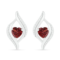 Heart-Shaped Garnet and 0.05 CT. T.W. Diamond Open Flame Stud Earrings in Sterling Silver