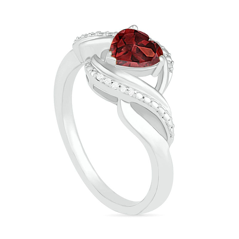 Heart-Shaped Garnet and Natural Diamond Accent Ribbon Ring in Sterling Silver