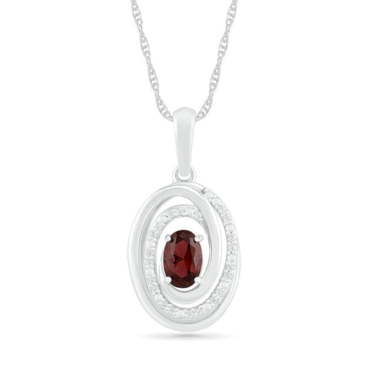 Oval Garnet and 0.07 CT. T.W. Natural Diamond Beaded Open Swirl Frame Drop Pendant in Sterling Silver