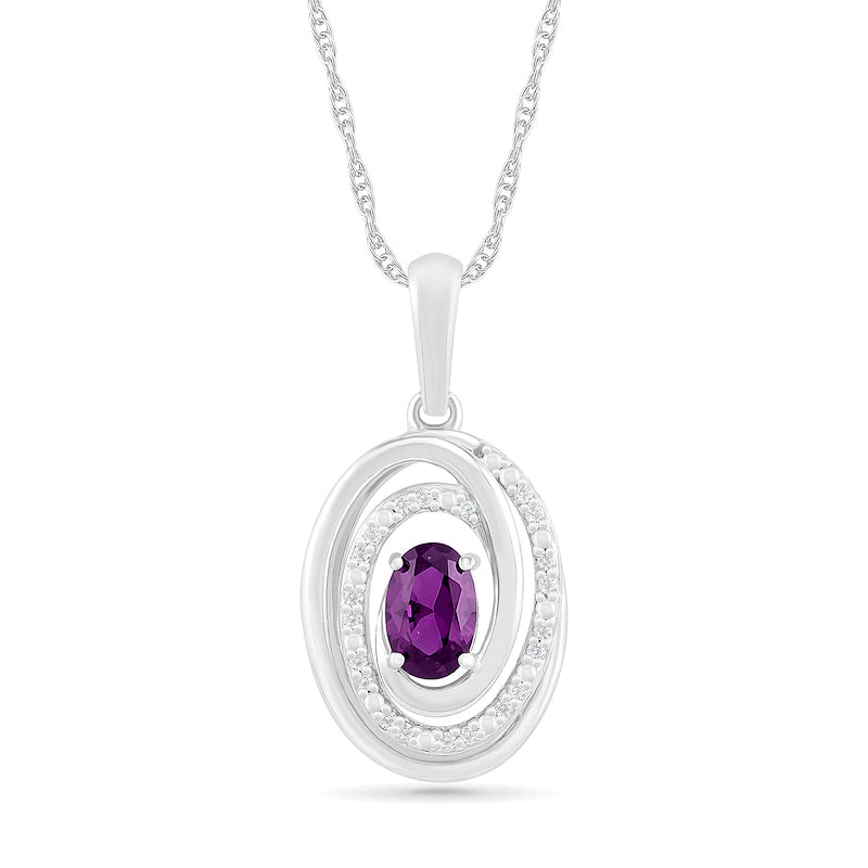 Oval Amethyst and 0.07 CT. T.W. Natural Diamond Beaded Open Swirl Frame Drop Pendant in Sterling Silver