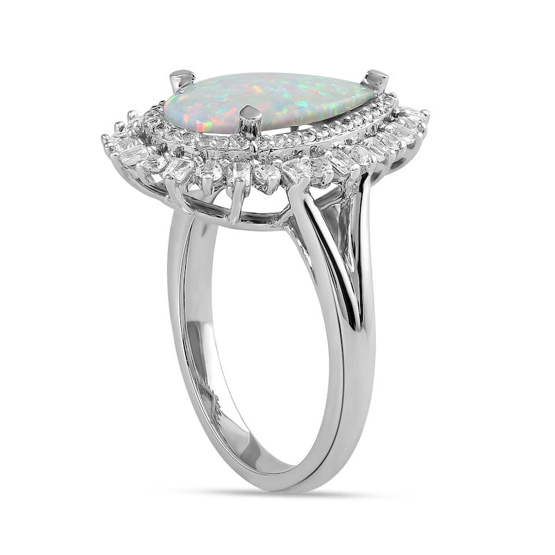 Pear-Shaped Lab-Created Opal and White Lab-Created Sapphire Double Shadow Frame Split Shank Ring in Sterling Silver