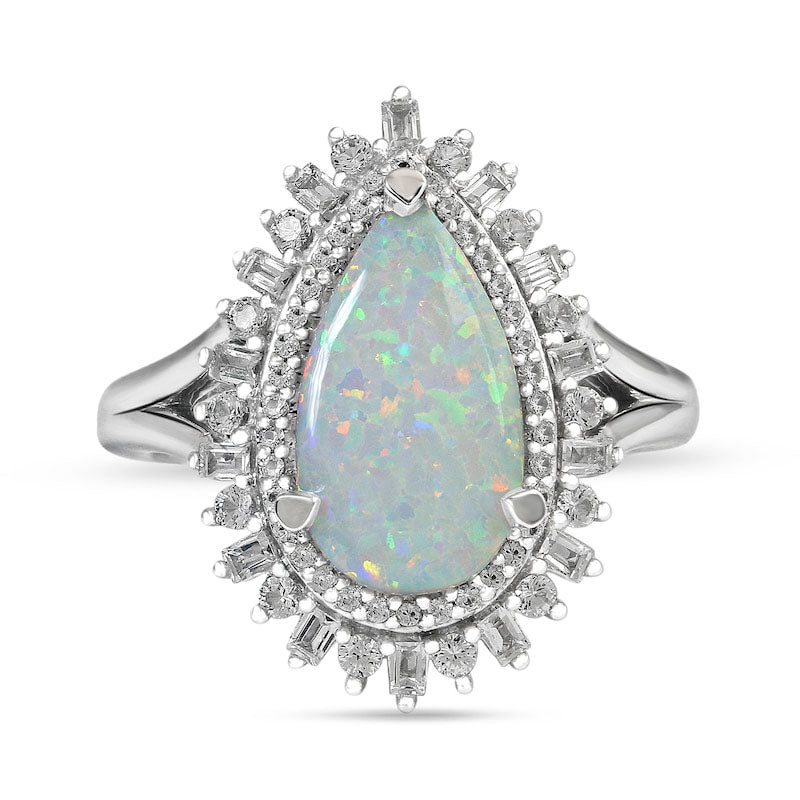 Pear-Shaped Lab-Created Opal and White Lab-Created Sapphire Double Shadow Frame Split Shank Ring in Sterling Silver