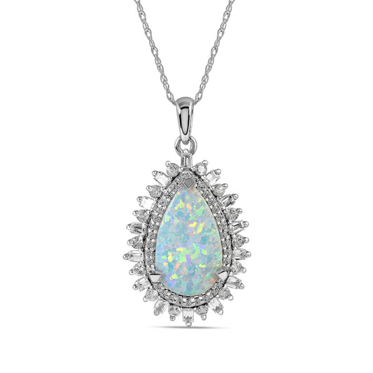 Pear-Shaped Lab-Created Opal and White Lab-Created Sapphire Double Shadow Frame Drop Pendant in Sterling Silver