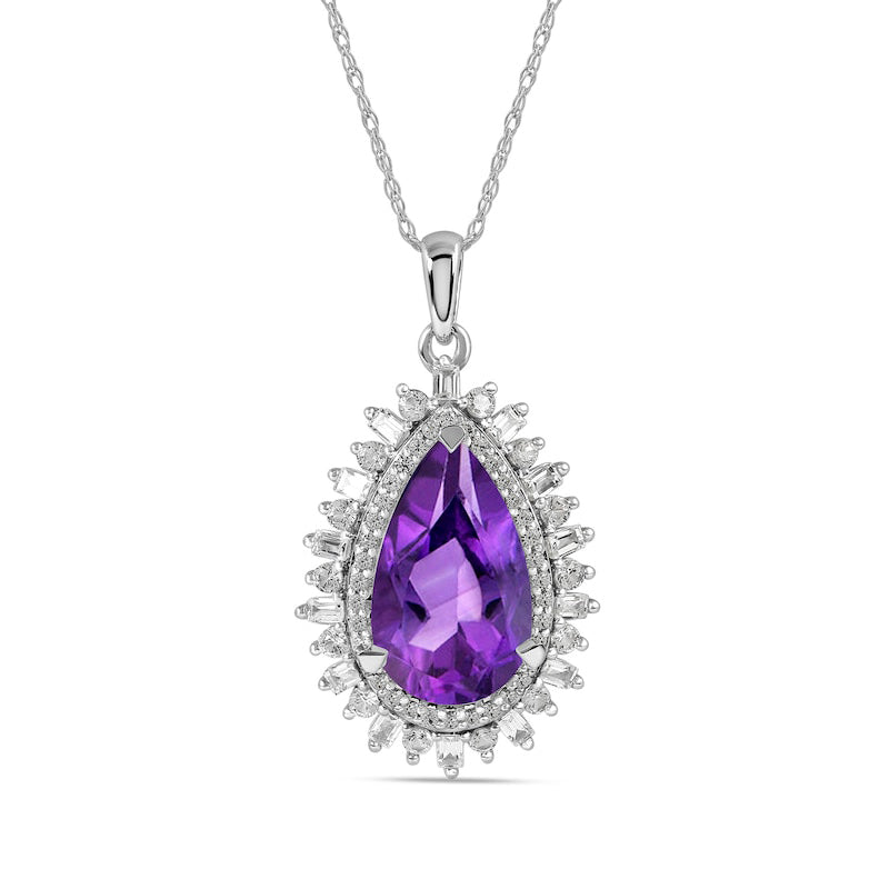 Pear-Shaped Amethyst and White Lab-Created Sapphire Double Shadow Frame Drop Pendant in Sterling Silver