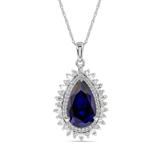 Pear-Shaped Blue and White Lab-Created Sapphire Double Shadow Frame Drop Pendant in Sterling Silver