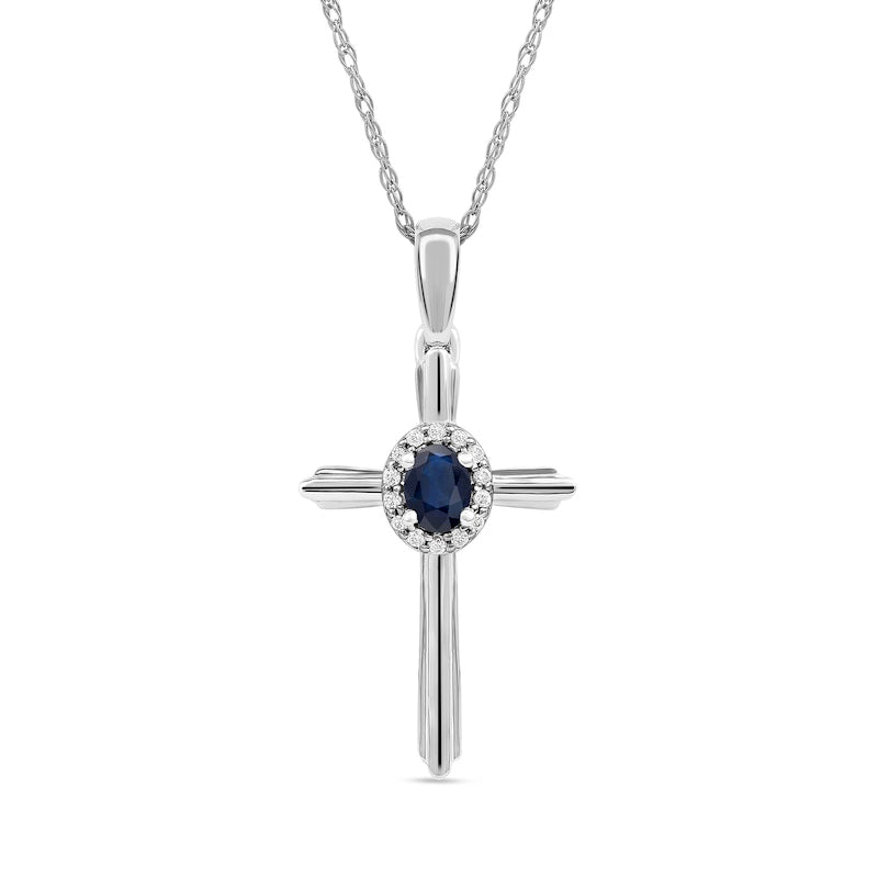 Oval Blue Sapphire and 0.05 CT. T.W. Natural Diamond Frame Layered Cross Pendant in 10K White Gold