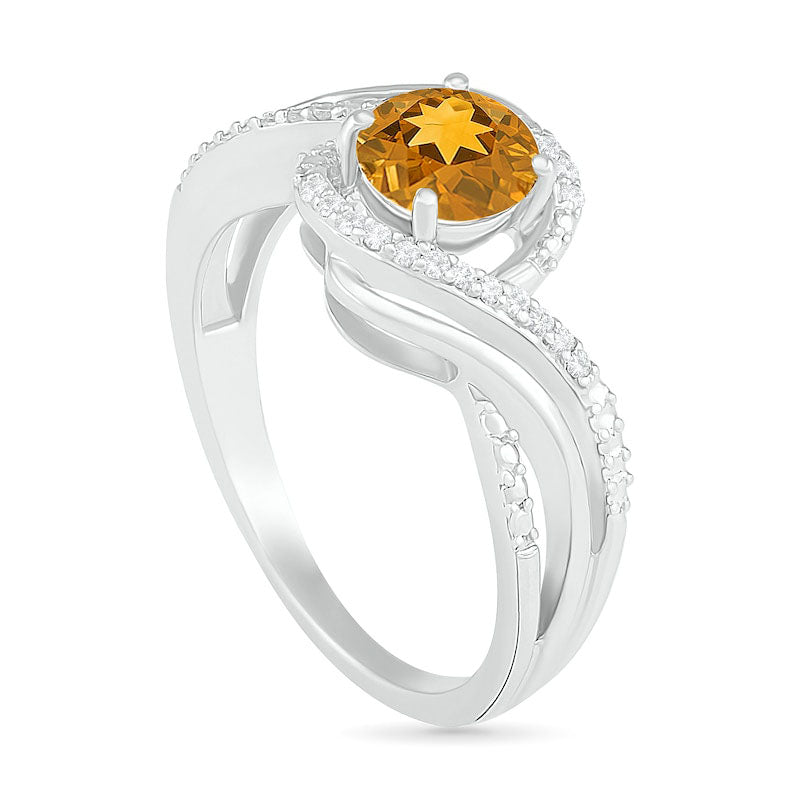 6.0mm Citrine and 0.07 CT. T.W. Natural Diamond Beaded Triple Row Bypass Twist Shank Ring in Sterling Silver