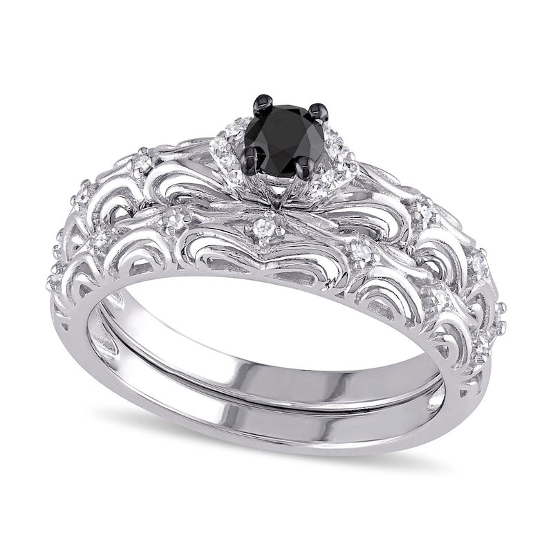 0.33 CT. T.W. Enhanced Black and White Natural Diamond Filigree Bridal Engagement Ring Set in Sterling Silver