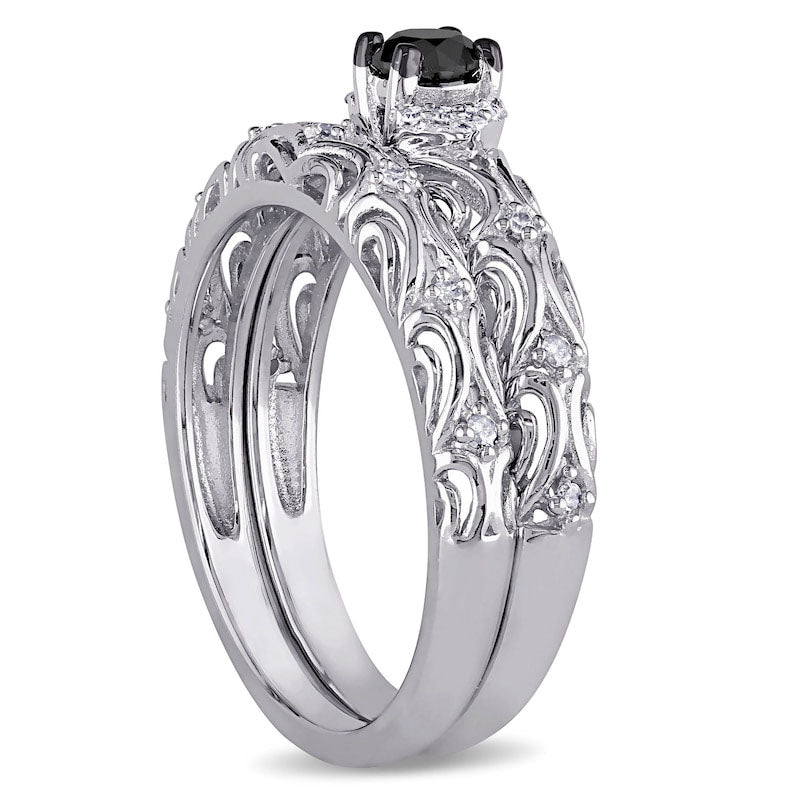 0.33 CT. T.W. Enhanced Black and White Natural Diamond Filigree Bridal Engagement Ring Set in Sterling Silver