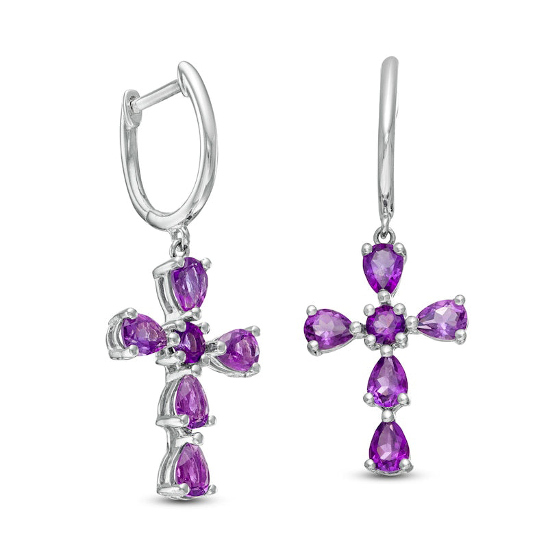 Pear-Shaped and Round Amethyst Cross Drop Earrings in Sterling Silver