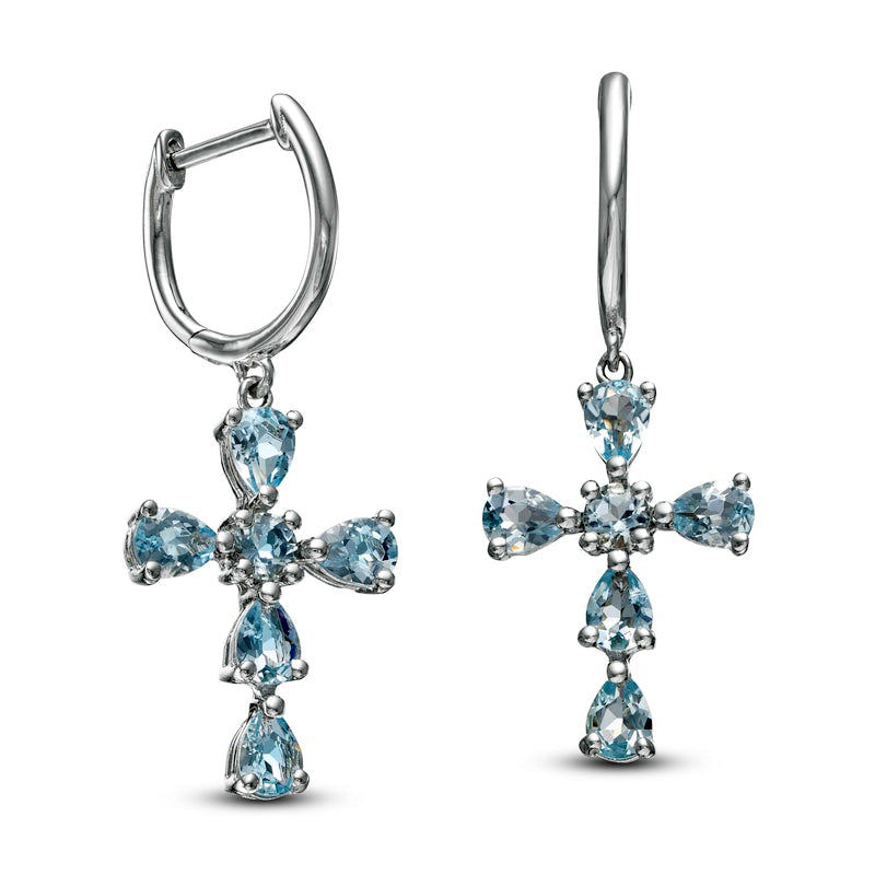 Pear-Shaped and Round Aquamarine Cross Drop Earrings in Sterling Silver