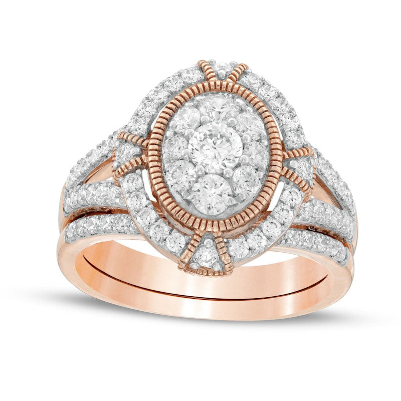 1.0 CT. T.W. Composite Oval Natural Diamond Split Shank Antique Vintage-Style Bridal Engagement Ring Set in Solid 10K Rose Gold