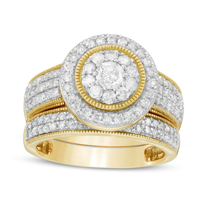 1.33 CT. T.W. Natural Diamond Double Frame Antique Vintage-Style Multi-Row Bridal Engagement Ring Set in Solid 10K Yellow Gold