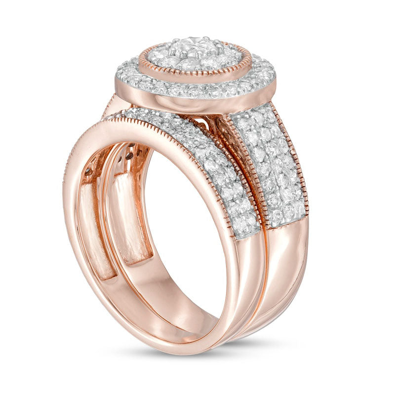 1.33 CT. T.W. Natural Diamond Double Frame Antique Vintage-Style Multi-Row Bridal Engagement Ring Set in Solid 10K Rose Gold