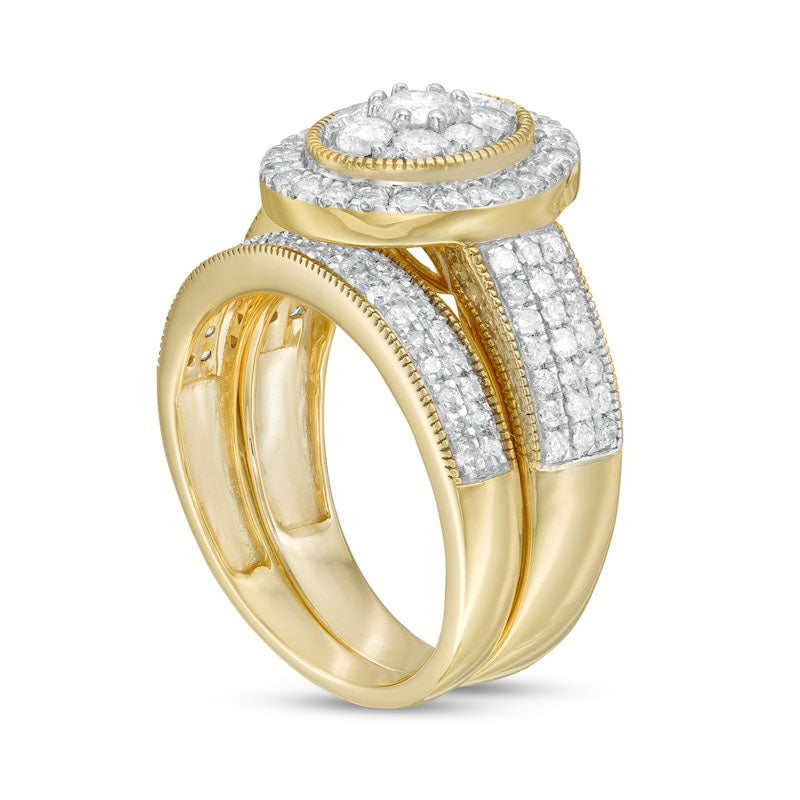 1.33 CT. T.W. Composite Oval Natural Diamond Frame Antique Vintage-Style Multi-Row Bridal Engagement Ring Set in Solid 10K Yellow Gold