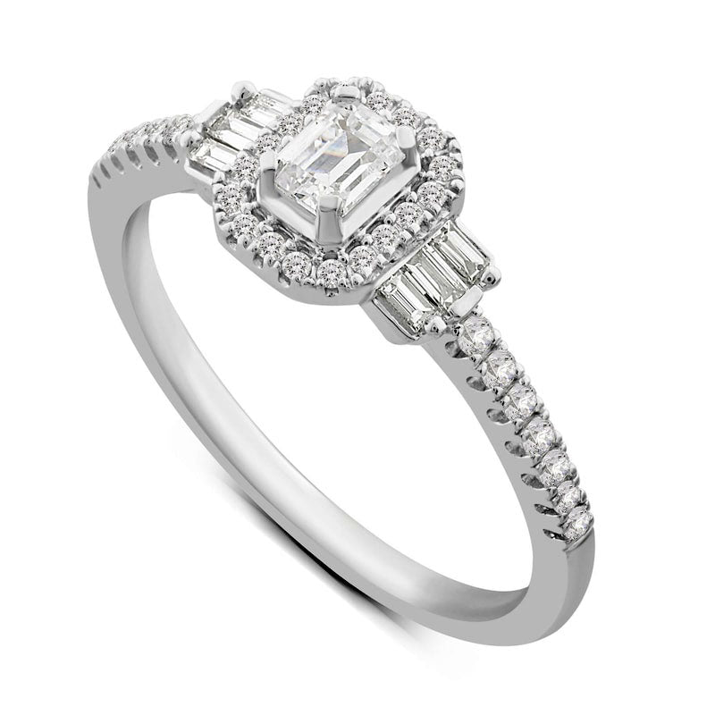 0.50 CT. T.W. Emerald-Cut Natural Diamond Frame with Collar Engagement Ring in Solid 14K White Gold