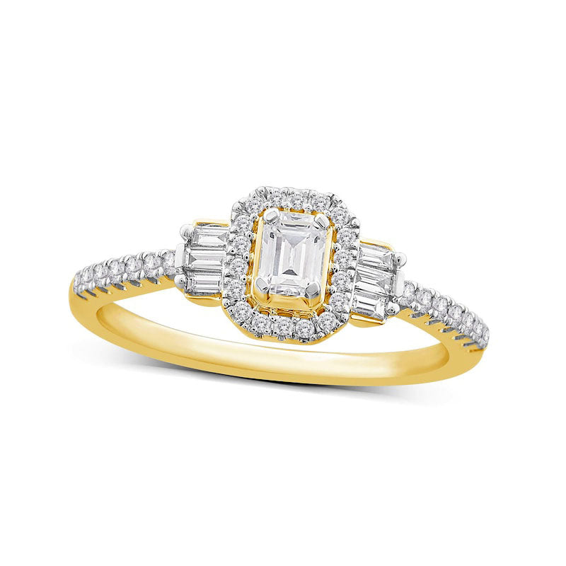 0.50 CT. T.W. Emerald-Cut Natural Diamond Frame with Collar Engagement Ring in Solid 14K Gold