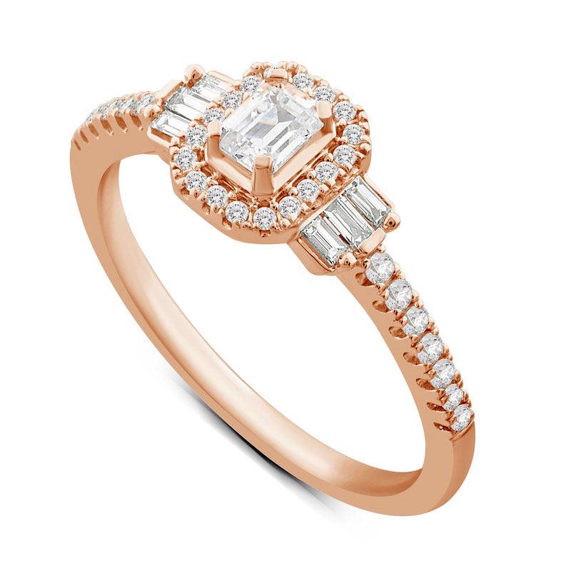 0.50 CT. T.W. Emerald-Cut Natural Diamond Frame with Collar Engagement Ring in Solid 14K Rose Gold