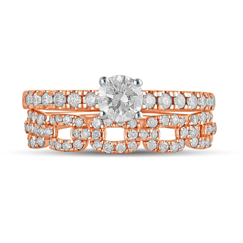 1.0 CT. T.W. Natural Diamond Rolo Chain Link Bridal Engagement Ring Set in Solid 10K Rose Gold