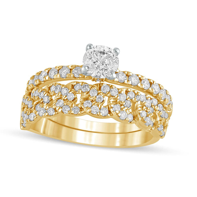 1.0 CT. T.W. Natural Diamond Cuban Curb Chain Link Bridal Engagement Ring Set in Solid 10K Yellow Gold