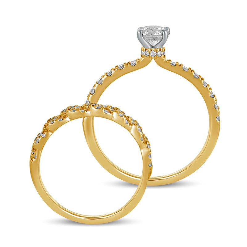 1.0 CT. T.W. Natural Diamond Cuban Curb Chain Link Bridal Engagement Ring Set in Solid 10K Yellow Gold