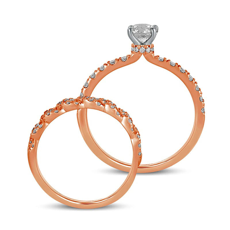 1.0 CT. T.W. Natural Diamond Cuban Curb Chain Link Bridal Engagement Ring Set in Solid 10K Rose Gold