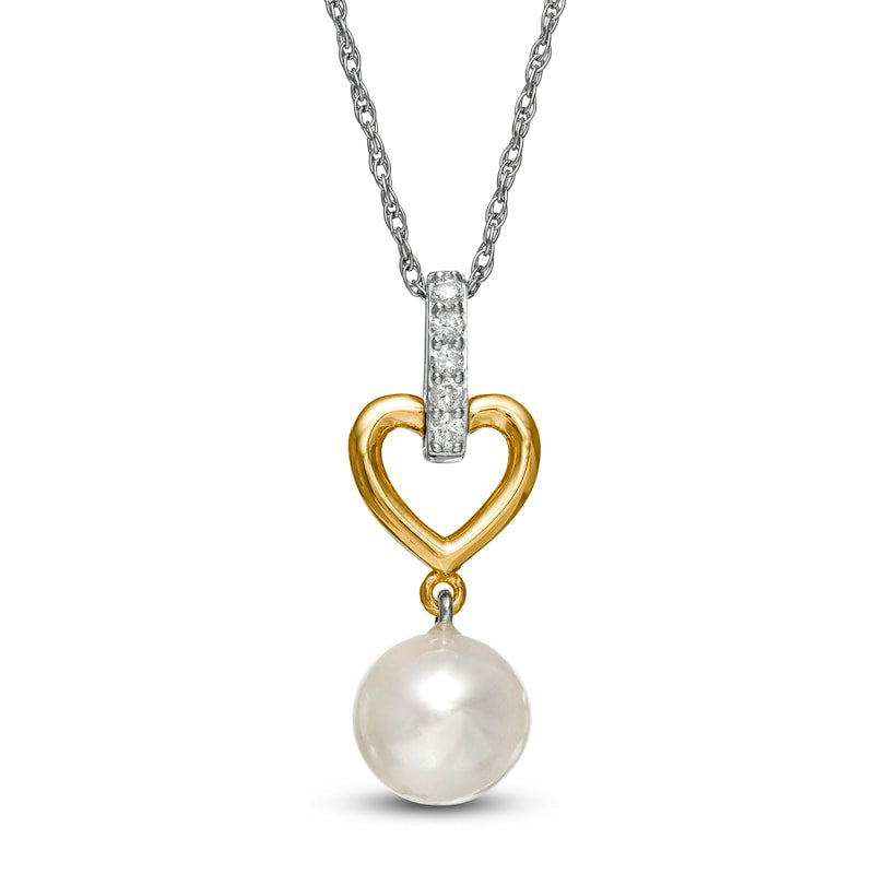 8.0mm Cultured Freshwater Pearl and 0.07 CT. T.W. Natural Diamond Heart Drop Pendant in 10K Yellow Gold and Sterling Silver