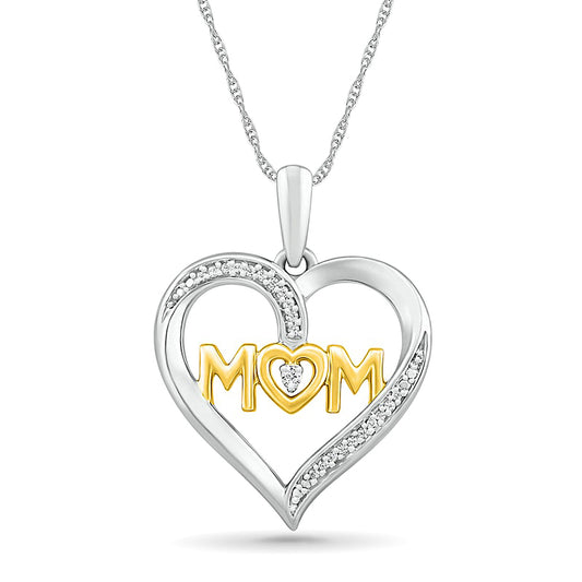 0.05 CT. T.W. Natural Diamond Heart "MOM" Pendant in Sterling Silver and 10K Yellow Gold