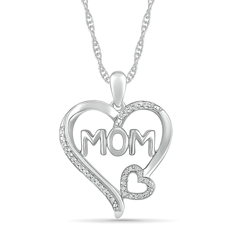 0.1 CT. T.W. Natural Diamond Double Heart "MOM" Pendant in Sterling Silver