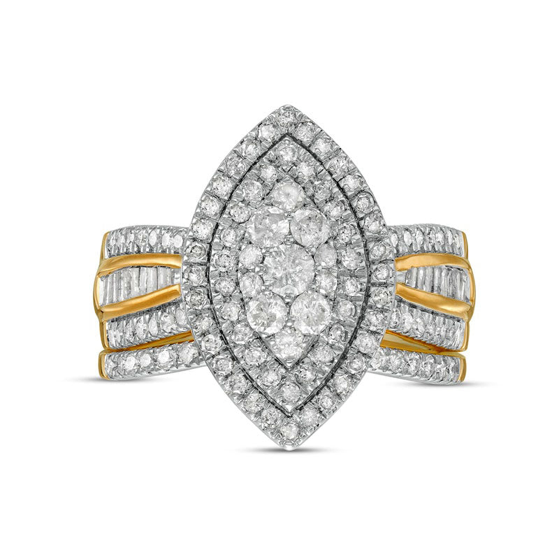 1.25 CT. T.W. Composite Baguette and Round Natural Diamond Double Marquise-Shape Frame Bridal Engagement Ring Set in Solid 10K Yellow Gold