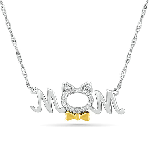 0.05 CT. T.W. Natural Diamond "MOM" and Cat Outline Necklace in Sterling Silver and 10K Yellow Gold