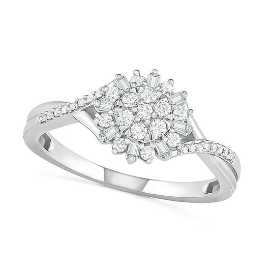 0.25 CT. T.W. Composite Baguette and Round Natural Diamond Split Shank Flower Promise Ring in Sterling Silver