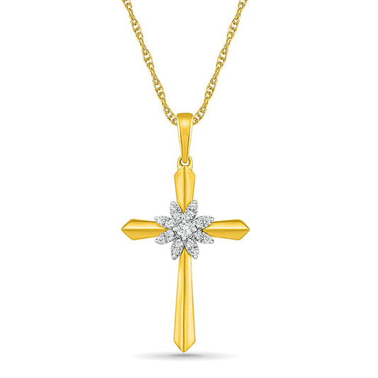 0.1 CT. T.W. Natural Diamond Flower Cross Pendant in 10K Yellow Gold