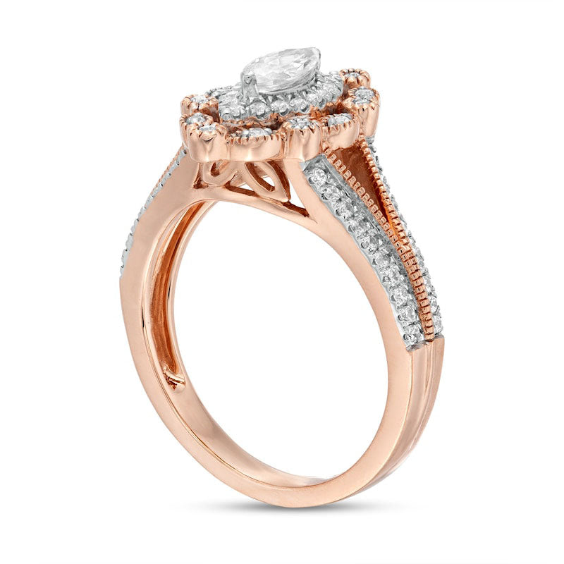 0.75 CT. T.W. Marquise and Round Natural Diamond Alternating Frame Antique Vintage-Style Engagement Ring in Solid 10K Rose Gold