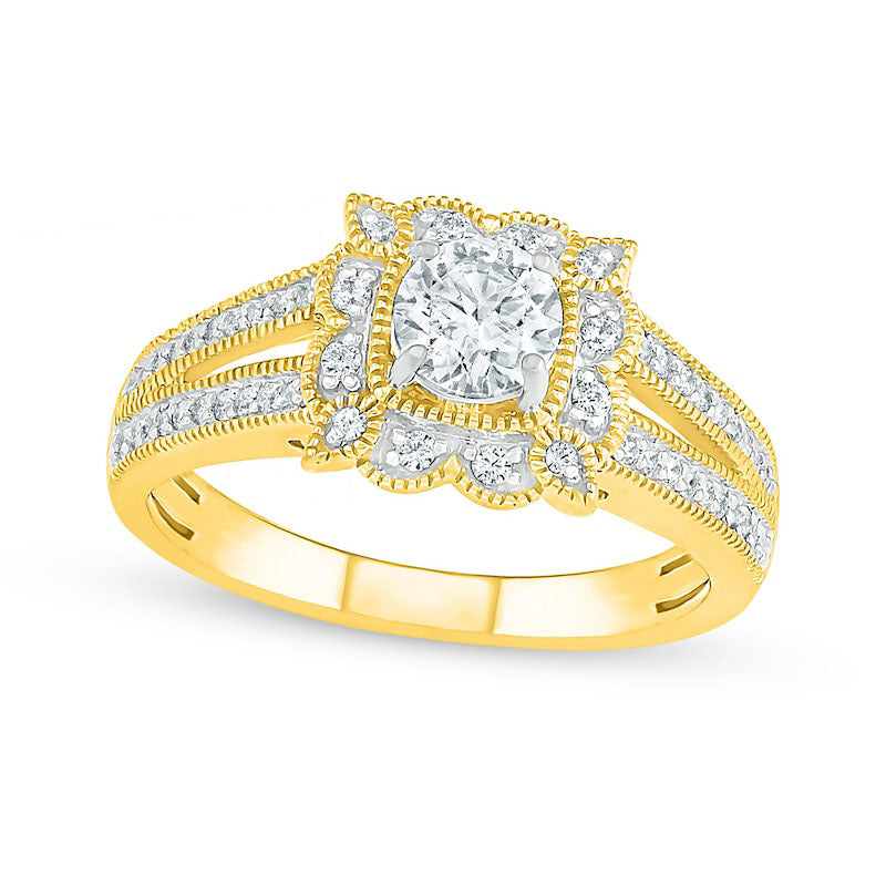 0.75 CT. T.W. Natural Diamond Scalloped Square Frame Antique Vintage-Style Engagement Ring in Solid 10K Yellow Gold