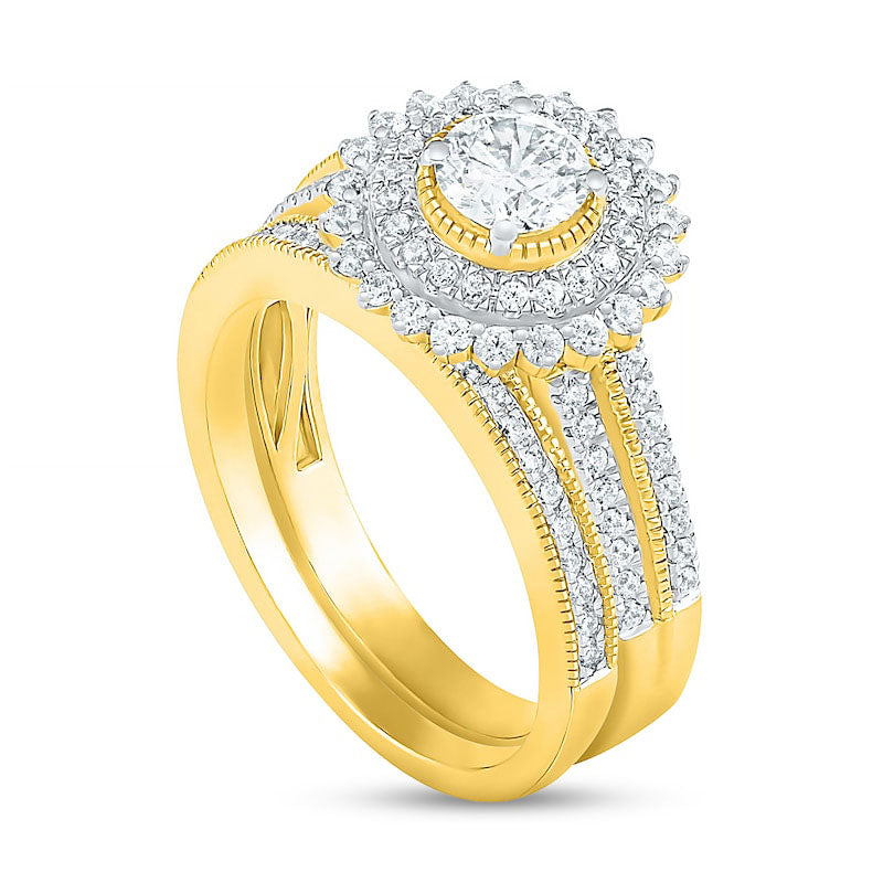 1.0 CT. T.W. Natural Diamond Sunburst Frame Antique Vintage-Style Bridal Engagement Ring Set in Solid 10K Yellow Gold