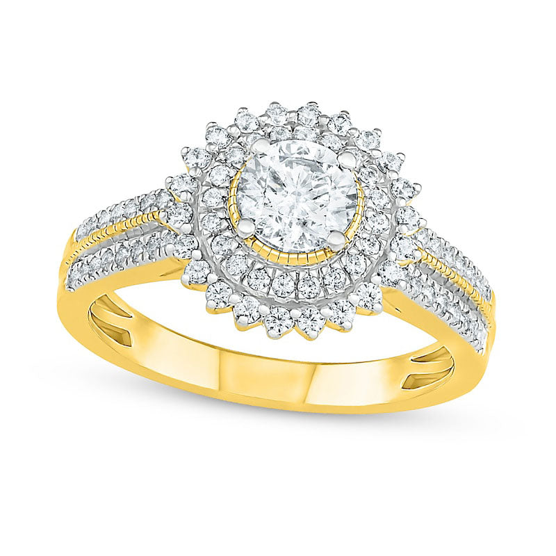 1.0 CT. T.W. Natural Diamond Sunburst Frame Antique Vintage-Style Bridal Engagement Ring Set in Solid 10K Yellow Gold