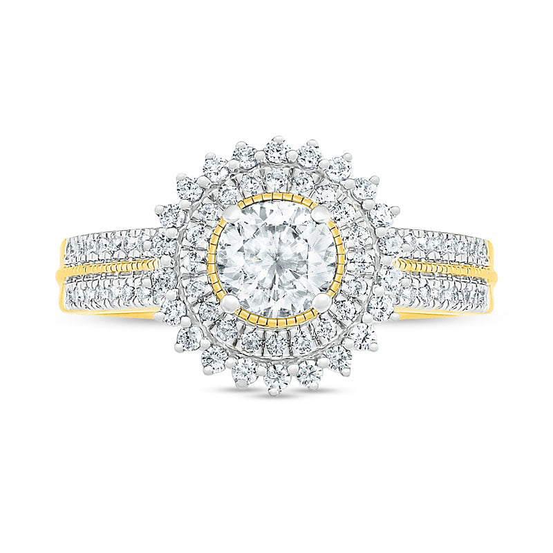 1.0 CT. T.W. Natural Diamond Sunburst Frame Antique Vintage-Style Bridal Engagement Ring Set in Solid 10K Yellow Gold