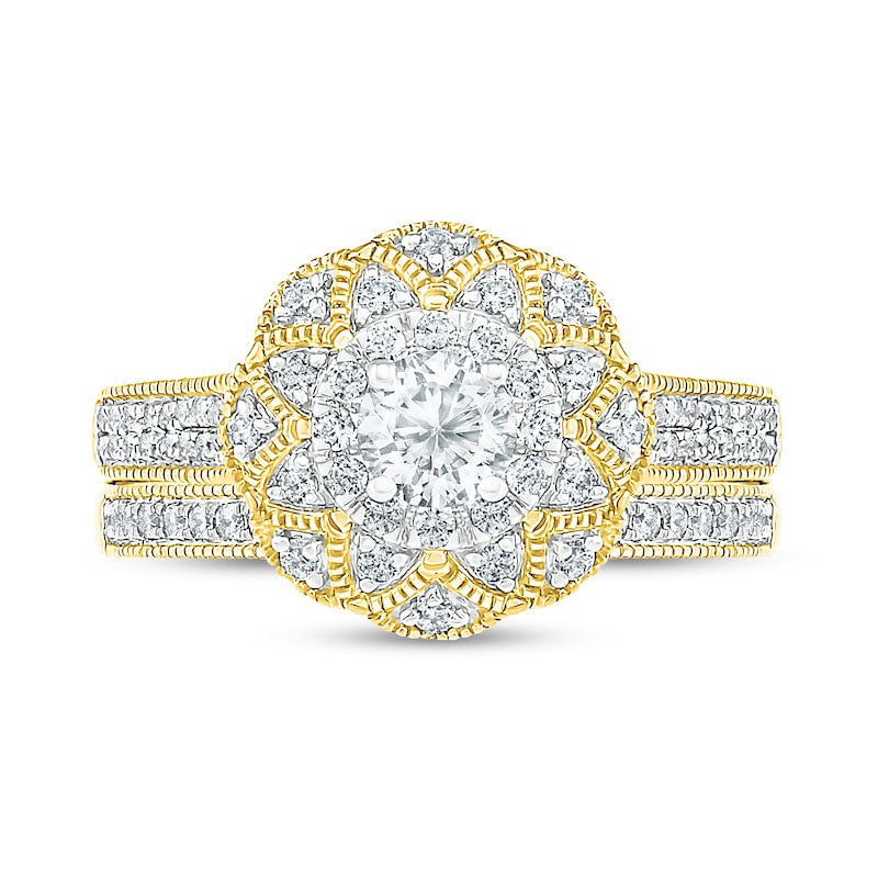 0.75 CT. T.W. Natural Diamond Scallop Edge Frame Antique Vintage-Style Bridal Engagement Ring Set in Solid 10K Yellow Gold