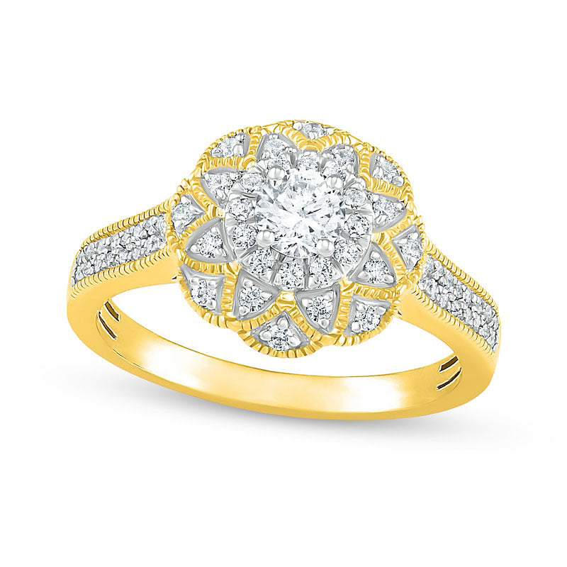 0.75 CT. T.W. Natural Diamond Scallop Edge Frame Antique Vintage-Style Bridal Engagement Ring Set in Solid 10K Yellow Gold