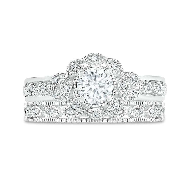 0.63 CT. T.W. Natural Diamond Scallop Edge Frame Antique Vintage-Style Bridal Engagement Ring Set in Solid 10K White Gold