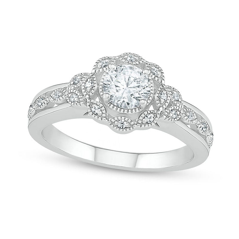 0.63 CT. T.W. Natural Diamond Scallop Edge Frame Antique Vintage-Style Bridal Engagement Ring Set in Solid 10K White Gold