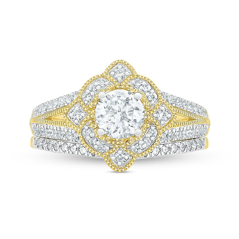 1.0 CT. T.W. Natural Diamond Tilted Frame Antique Vintage-Style Bridal Engagement Ring Set in Solid 10K Yellow Gold