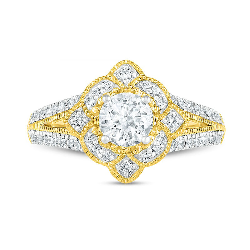 1.0 CT. T.W. Natural Diamond Tilted Frame Antique Vintage-Style Bridal Engagement Ring Set in Solid 10K Yellow Gold